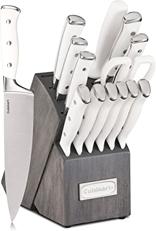 Cuisinart Forged Triple Rivet, 15-Piece Knife Set w/ Block, Superior High-Carbon Stainless Steel Blades for Precision & Accuracy, White/Charcoal Grey