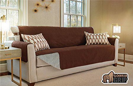 The Original GORILLA GRIP Non-Slip Furniture Protector, Suede-Like Material, Slip Reducing Backing, Two 2" Thick Straps, and Two Seat Anchors (Sofa Extra Wide: Brown)