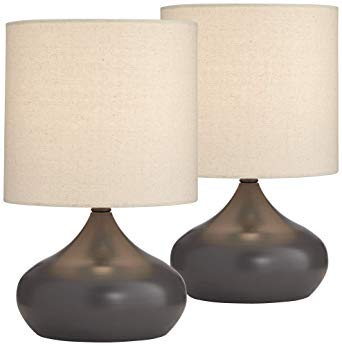 Mid Century Modern Accent Table Lamps 14 3/4" High Set of 2 Gray Steel Droplet Linen Drum Shade for Bedroom Bedside - 360 Lighting