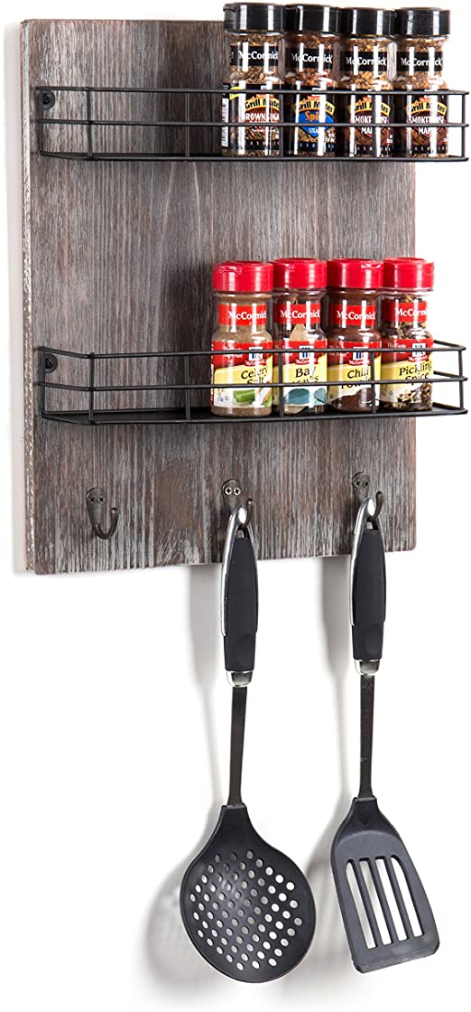 MyGift Wall-Mounted Rustic Torched Wood 2-Tier Spice Rack with 3 Utensil Hooks