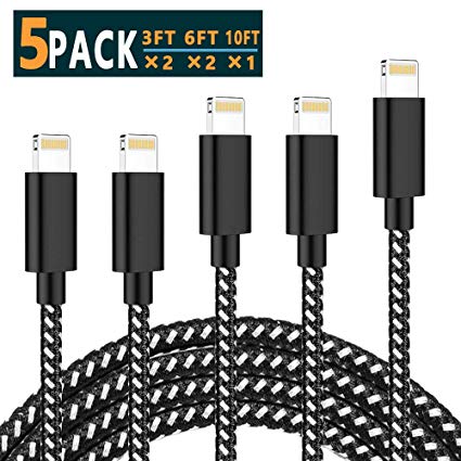 JR TECHNIK Lightning Cable, MFi Certified iPhone 5 Pack [3/3/6/6/10FT] Extra Long Nylon Braided USB Charging & Syncing Cord Compatible with iPhone XS MAX XR X 8 8 Plus 7 7 Plus 6 6s Plus iPad and More