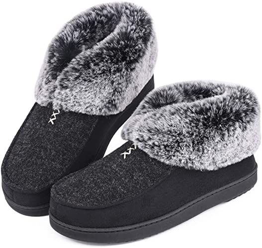 Women's Cozy Memory Foam Slippers Fluffy Wool Like Faux Fur Fleece Lined House Shoes with Non Skid Indoor Outdoor Sole
