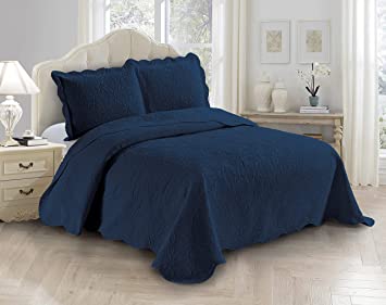 Fancy Linen 3pc Embossed Coverlet Bedspread Set Oversized Bed Cover Solid Floral Daisy Pattern New # Allis (Full/Queen, Navy Blue)