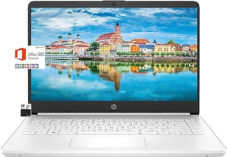 HP Newest 14" HD Light Thin Laptop for Student Business, Quad-Core Intel N4120, 8GB RAM, 64GB eMMC, Webcam, HDMI, Wi-Fi, Long Battery, Windows 11 S   1 Year Office 365, White MarxsolCable