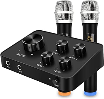 Rybozen Portable Karaoke Microphone Mixer System Set, with Dual UHF Wireless Mic, HDMI & AUX in/Out for Karaoke, Home Theater, Amplifier, Speaker