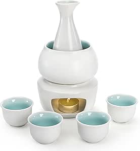 Foraineam White Ceramic Sake Set with Warmer Pot, Japanese Style Porcelain Hot Saki Drink Bottle Stovetop Set, 7 Pieces Set Including 1 Candle Stove, 1 Warming Bowl, 1 Sake Bottle, 4 Sake Cups