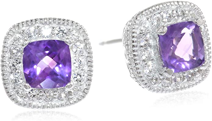Sterling Silver Cushion Cut Birthstone and Created White Sapphire Halo Stud Earrings