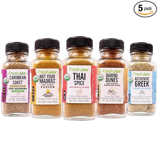 FreshJax International Seasoning Gift Set | Pack of 5 Organic Premium Global Spices and Seasonings | Jamaican Jerk, Greek Herb, Hot Curry, Thai Spice, Hot Moroccan Blend - World of Flavors Gift Set