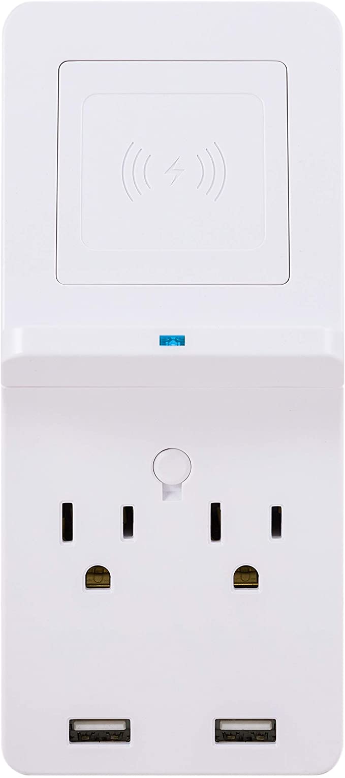 GE Surge Protector Tap with Wireless Charging, 2 Outlets, 2 USB, Qi Pad, Charging Shelf, 560 Joules, White, 43645