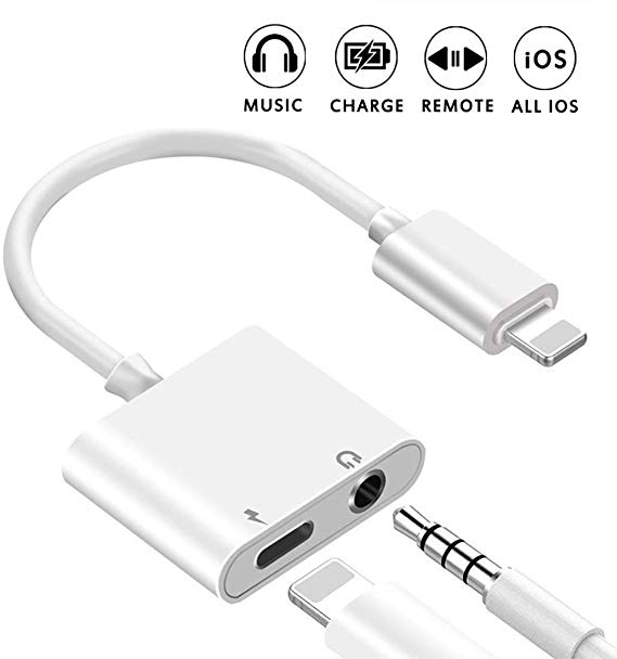 Headphone Jack Adapter for iPhone Adapter 3.5 mm Audio and Charge Adapter for iPhone 7/7 Plus/8/8 Plus/XR/X/XS Earphones Cable Splitter Dual for Adapter Aux Charging Connector Support iOS 12