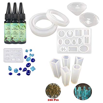 UV Epoxy Resin Jewelry Making Kit Clear Transparent Non-Toxic, 3X Cristal Epoxy 30ml   11x Silicone Molds (31 Shapes)   100x Golden Rings, Home DIY for Bracelets Pendants Necklaces Earrings Molds Kit