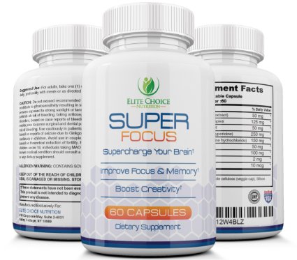 SUPER FOCUS BRAIN FUNCTION BOOSTER - POWERFUL Blend of Ingredients for BEST RESULTS - 100% Natural & Potent - Enhance Mental Performance DMAE - Safe & Effective - 2 Months Supply 60 Veggie Capsules