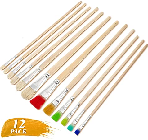 12 Pieces Wooden Stencil Brushes Flat Tip Bristles Paint Brushes Set Art Painting Brushes for DIY Crafts Card Making Acrylic Oil Watercolor Painting Supplies, 6 Sizes