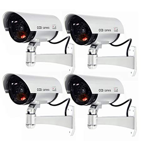 WALI Bullet Dummy Fake Surveillance Security CCTV Dome Camera Indoor Outdoor with 1 Flashing LED Light   Warning Security Alert Sticker Decals Wl-S1-4 (Silver), 4 Pack