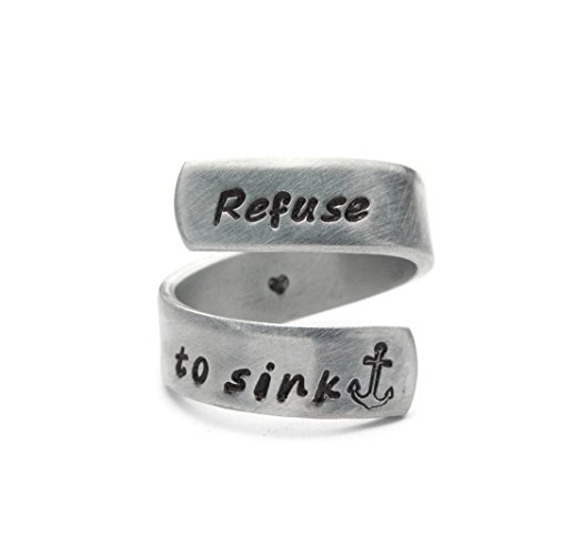 Refuse to Sink Adjustable Hand Stamped Wrap Ring, LARGE / EXTRA LARGE Size (Ring sizes 9 though 12), Survivor, Inspirational Jewelry