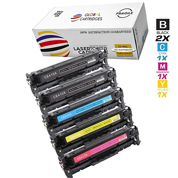 Global Cartridges Premium Quality Compatible Toner Cartridge Set With Additional Black Replacement for HP 305A / CE410X, CE411A, CE412A, CE413A (2 Black, 1 Cyan, 1 Yellow, 1 Magenta, 5-Pack)
