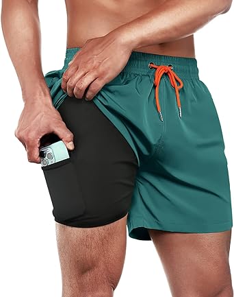 BRISIRA Mens Swim Trunks Swim Shorts Quick Dry 5 inch Inseam Beach Shorts with Compression Liner and Zipper Pocket