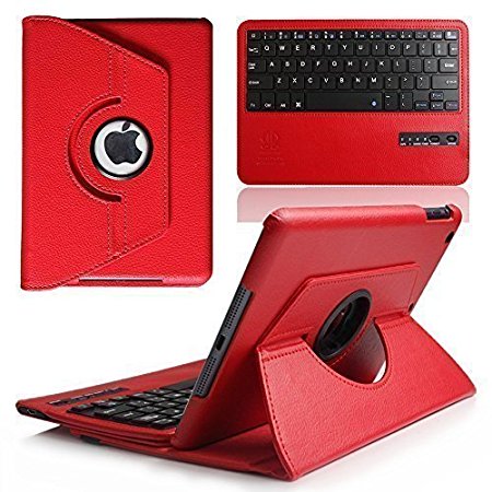 BoriYuan iPad Mini Keyboard Case, Detachable 360 Degree Rotating Stand Flip Folio PU Leather Cover w/ Bluetooth Wireless Keyboard for Apple iPad Mini 3/Mini 2/Mini 1 Screen Protector  Stylus (Red)