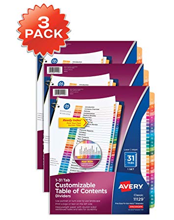 Avery Customizable Table of Contents Dividers, Ready Index, 1-31 Multicolor Tabs, Multi Pack of 3 Sets (44129)