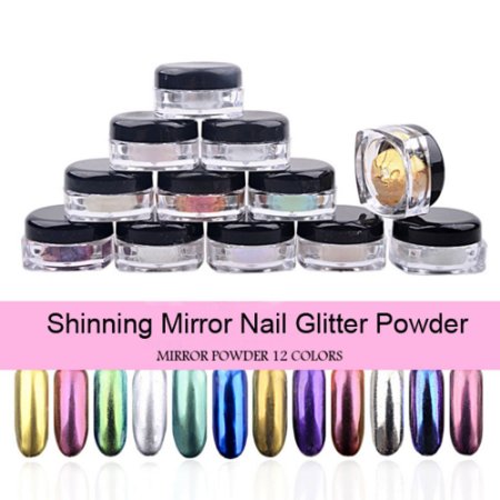 PrettyDiva 12pcs/set Mirror Nail Glitter Powder Nail Art Chrome Pigment Shinning Metallic Nail