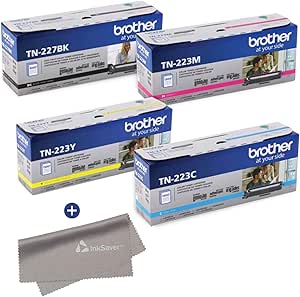 Brother TN227BK High Yield Black with Standard Yield Color TN223C, TN223M, TN223Y Cyan, Magenta and Yellow Toner Cartridge Set   InkSaver Microfiber LCD Screen Cleaning Cloth