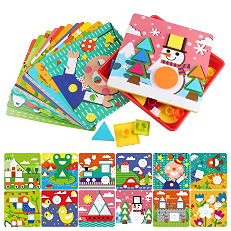 AMOSTING Early Learning Educational Button Art Toys for Toddler, Color & Geometry Shape Matching Mosaic Puzzle Peg Board Games for preschool kids