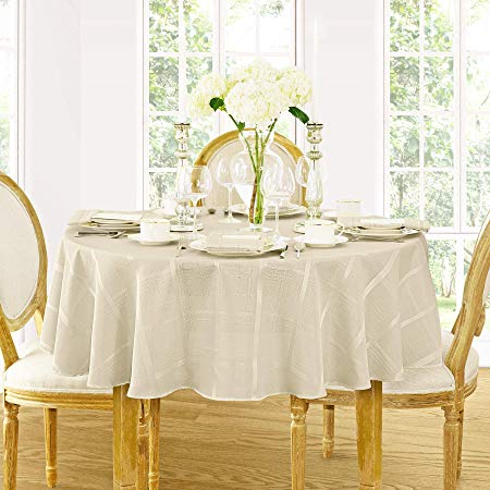Elegance Plaid Contemporary Woven Solid Decorative Tablecloth by Newbridge, Polyester, No Iron, Soil Resistant Holiday Tablecloth, 90 Round, Beige