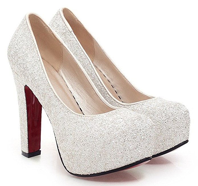 Sfnld Women's Elegant Sequined Round Toe Platform High Chunky Heel Slip On Wedding Pumps Shoes