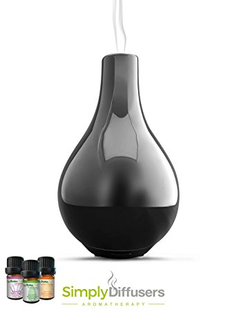 VAZO | Black Ceramic Aromatherapy Essential Oil Diffuser | Cool Mist Ultrasonic Humidifier | 120ml Capacity and Safety Auto-Shut Off Feature | Peppermint Lavender Sweet Orange 5ml