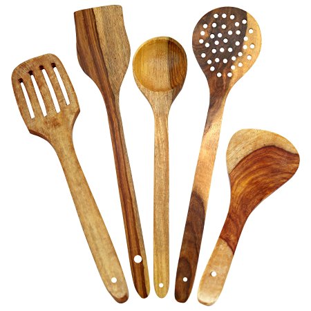 ITOS365 Handmade Wooden Spoons for Cooking and Serving Kitchen Tools, Set of 5