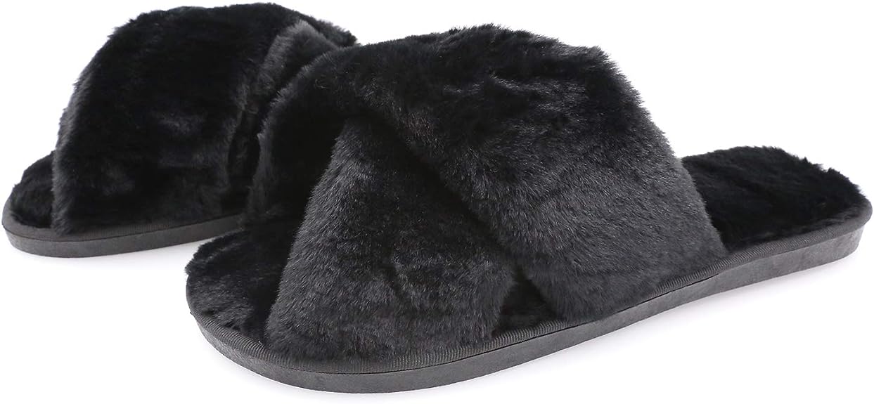 Women's Cross Band Soft Plush Fuzzy House/Indoor Slippers,Open Toe Faux Fur Fluffy Flats Slippers Warm Comfy Cozy Bedroom Slide Slippers