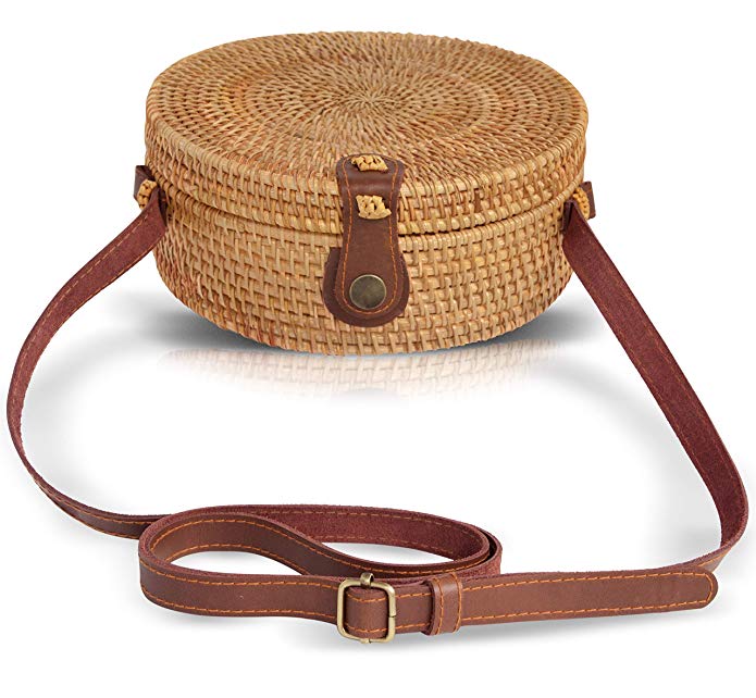 Boho Chic Rattan Ata Round Crossbody Bag with Genuine Leather Adjustable Strap for Women by la Bambu