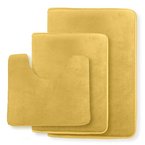 Clara Clark Non Slip Memory Foam Tub-Shower Bath Rug Set, Includes 1 Small Size 17 x 24 in. 1 Large Size 20 X 32 in. 1 Contour Rug 24 x 19 In. - Camel Gold