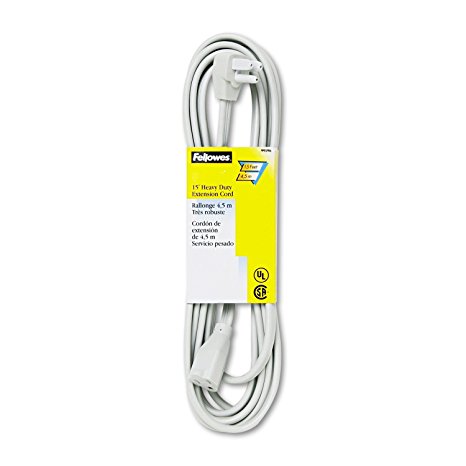 Fellowes 99596 125 Volt, 15' Length, Gray Color, Grounded Three Prong Plug Extension Cord