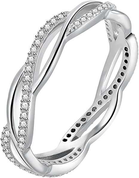 BORUO 925 Sterling Silver Ring, Twisted Infinity Celtic Knot Cubic Zirconia CZ Wedding Band Stackable Ring Size 4-12