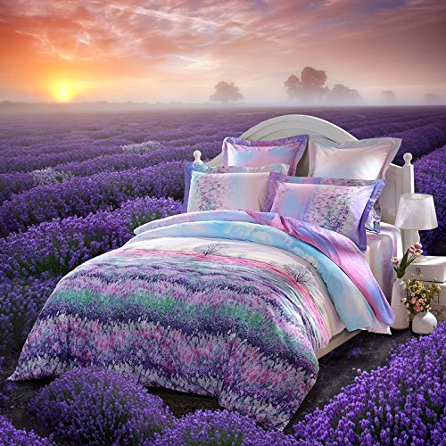 LOVO Fragrance of Provence 100% Cotton 4-Piece Bedding Set 1x Duvet Cover 1x Flat Sheet 2x Pillowcases Purple King Size