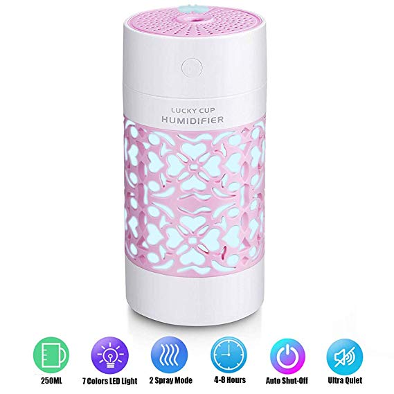 Car Humidifier, Portable 250ML USB Diffuser Air Refresher Essential Oil Aromatherapy Spray with 7 Colors LED Night Lights, Auto Shut-Off, Whisper-Quiet Operation for Bedroom, Office, Travel (Pink)