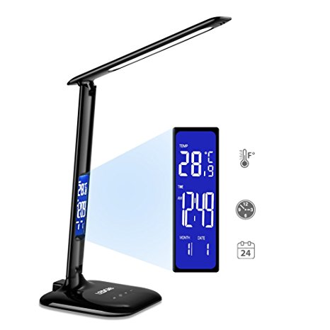 Ledgle Table Lamp 8W LED Desk Lamp LCD Screen, USB Charging Port, 3 Lighting Mode, 5-Level Dimmer, Touch Control, Built-In Clock, Calendar, Thermometer - Glorry Black