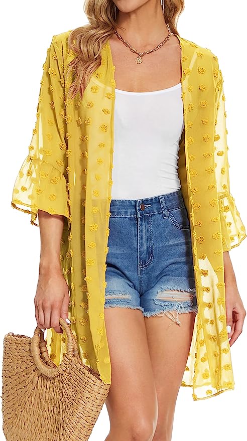 Womens Kimonos for Summer Puff Sleeve Cardigan Casual Loose Fit Beach Cover Ups Resorts Swimwear