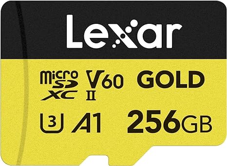 Lexar Professional Gold 256GB microSDXC UHS-II Card, C10, U3, V60, A1, Full HD, 4K UHD, Up to 280/180 MB/s, for Drones, Action Cameras, Portable Gaming Devices (LMSGOLD256G-BNNNG)