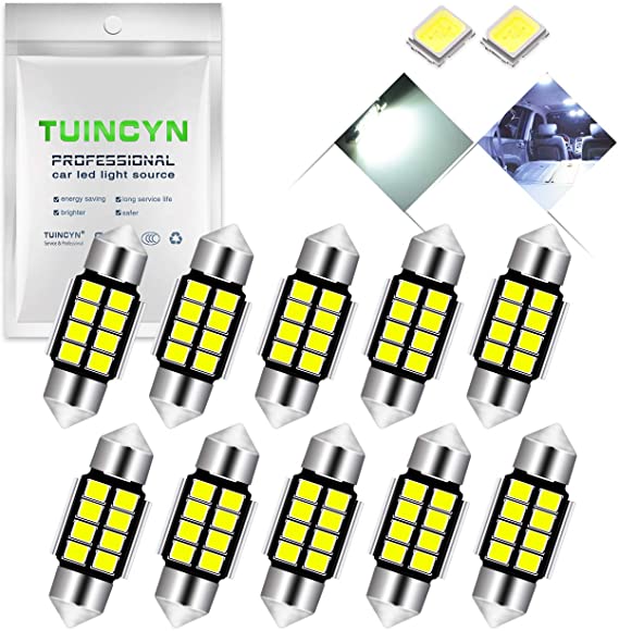 TUINCYN Extremely Bright 1.25" 31MM Canbus Error Free Festoon LED Bulb 6000K Xenon White 5630-8SMD DE3175 DE3021 DE3022 6428 7065 Car Interior Door Map Dome LED Lights 12V (Pack of 10)