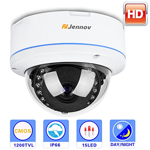 Jennov HD Security 3.5 Inch Vandalproof Dome Camera Cmos Color 1200Tvl 15 Ir Leds Day Night Vision, weatherproof Cctv Home Surveillance