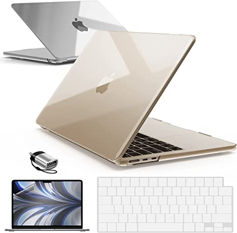 IBENZER Compatible with M2 2022 MacBook Air 13 inch case, Model A2681, Hard Shell Case & Keyboard Cover & Screen Film& Type-C Adapter for New M2 Mac Air 13.6 in, Crystal Clear, AT13-KK-CYCL 2TC