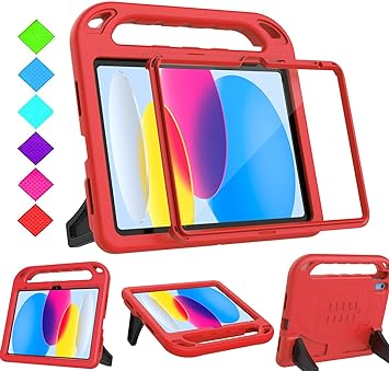BMOUO Kids Case for iPad 10th Generation 10.9 inch 2022 - with Built-in Screen Protector, Shockproof Light Weight Covertible Handle Stand 10.9” iPad 10th Generation Case for Kids Toddlers Girls, Red