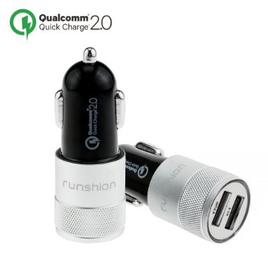 Quick Charge 2.0 Runshion® Dual-Port Car Charger with LED lights for LG G5, Samsung Galaxy S7/S6/Edge, Nexus 6P/5X, iPhone | Qualcomm Certified-Silver