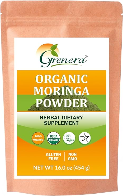 Grenera Certified Moringa Leaf Powder Organic 1 lb, Raw, Green Super-Food Supplement, Bulk Packing