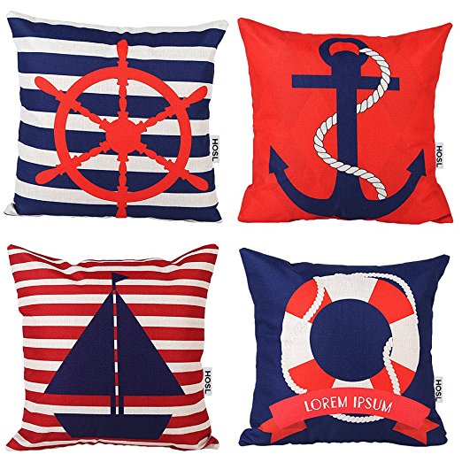 HOSL® Cotton and Flax Ocean Park Theme Decorative Pillow Cover Case 18" X 18" Pack of 4 （Anchor, Lifebuoy, Sailboat, Rudder)