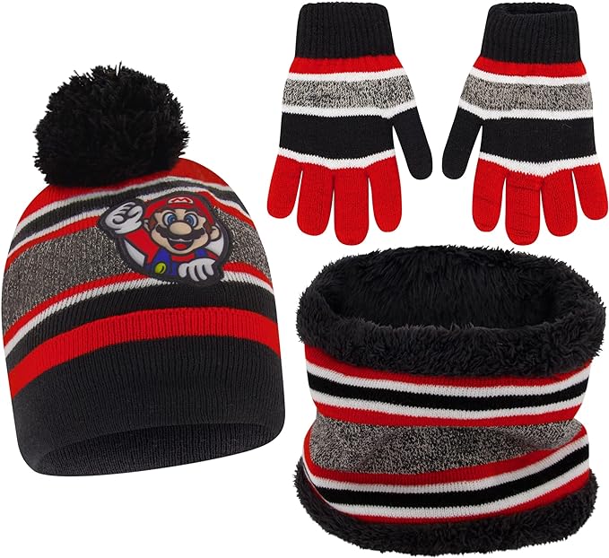 Nintendo Boys' Winter Hat, Scarf, and Kids Gloves Sets, Super Mario for Ages 4-7