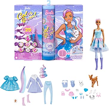 ​Barbie Color Reveal Advent Calendar, 1 Color Reveal Doll & 3 Pets, Clothes, Accessories & 2 Hair Extensions, 25 Surprises, for Kids