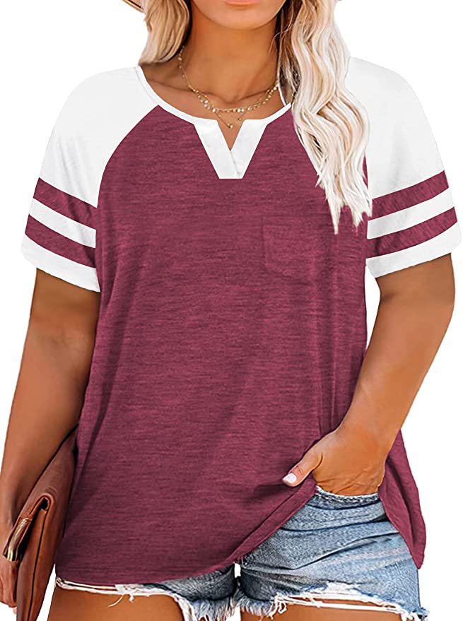 VOGRACE Women-Plus-Size-Tops Summer V Neck T Shirts Striped Raglan Tunics Tee